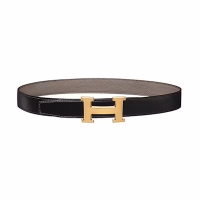 HERMES Belt Togo Leather Matte Gold Buckle Black/Grey 3.2cm Width H064544CK05-H073967CAAA090