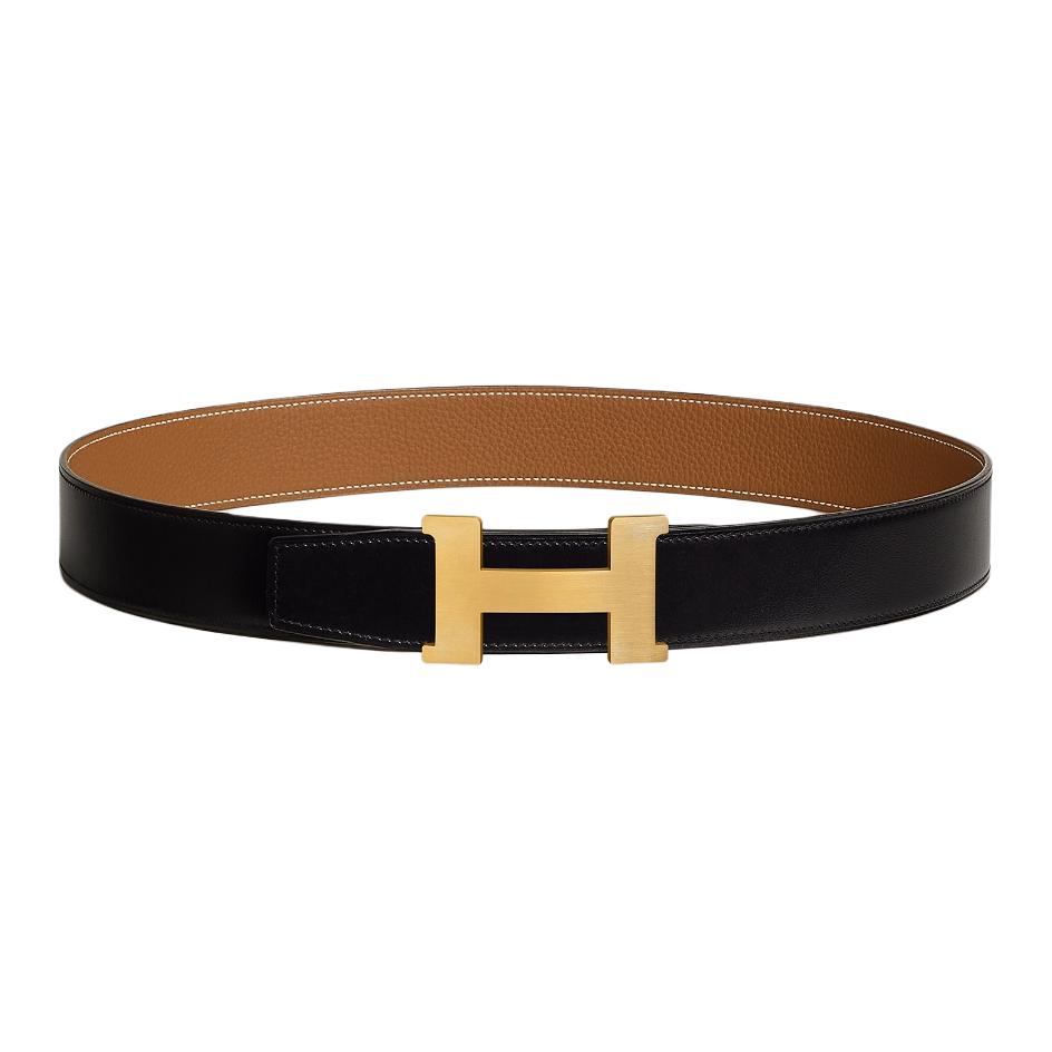 HERMES  Black/Brown Togo Leather Belt with Gold Buckle 3.8cm Width. H074562CUZ3-H077971CAAA085