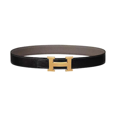 HERMES Black/Grey Togo Leather H Belt Gold Buckle 3.2cm Width. H064540CC06-H073967CAAC