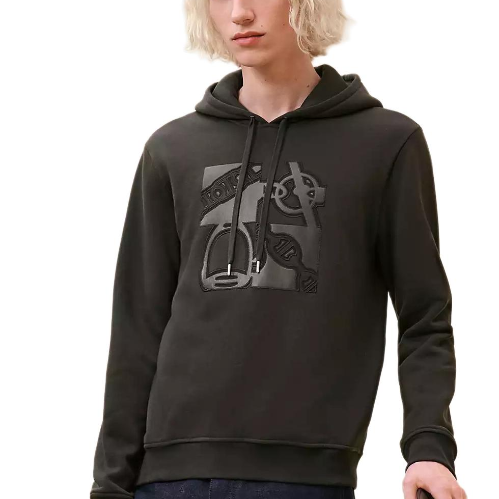 HERMES  Black Hoodie with Ribbed Cuffs and Printed Design H467820HA11
