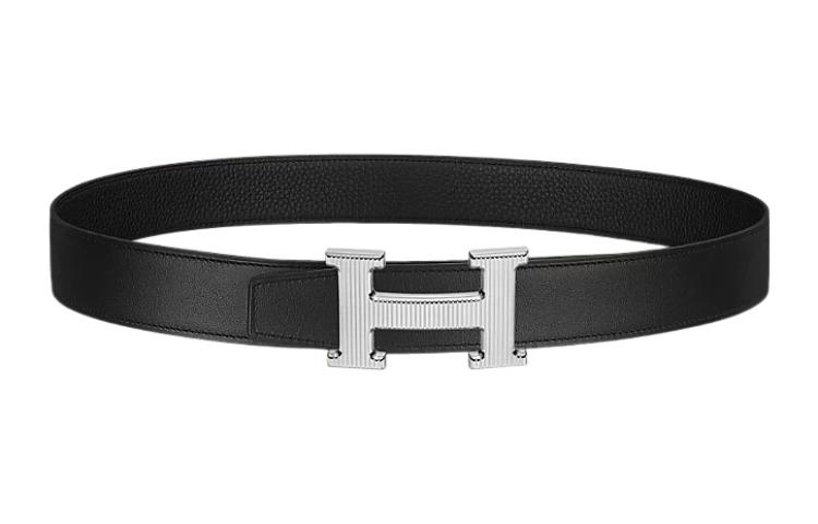 HERMES  Black Leather Belt with H Buckle, Trendy Stripe Design, 3.2cm Wide. H064550CK05-H073996CAAF095