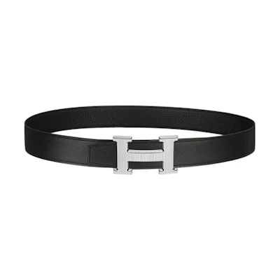 HERMES Black Leather Belt with H Buckle, Trendy Stripe Design, 3.2cm Wide. H064550CK05-H073996CAAF095