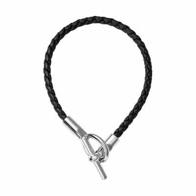 HERMES Black Leather Braided Bracelet with Metal Accents. H077240FP89T6