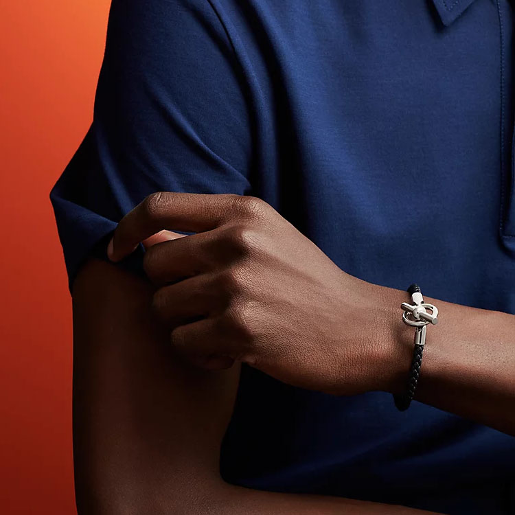 Details for HERMES  Black Leather Braided Bracelet with Metal Accents. H077240FP89T6