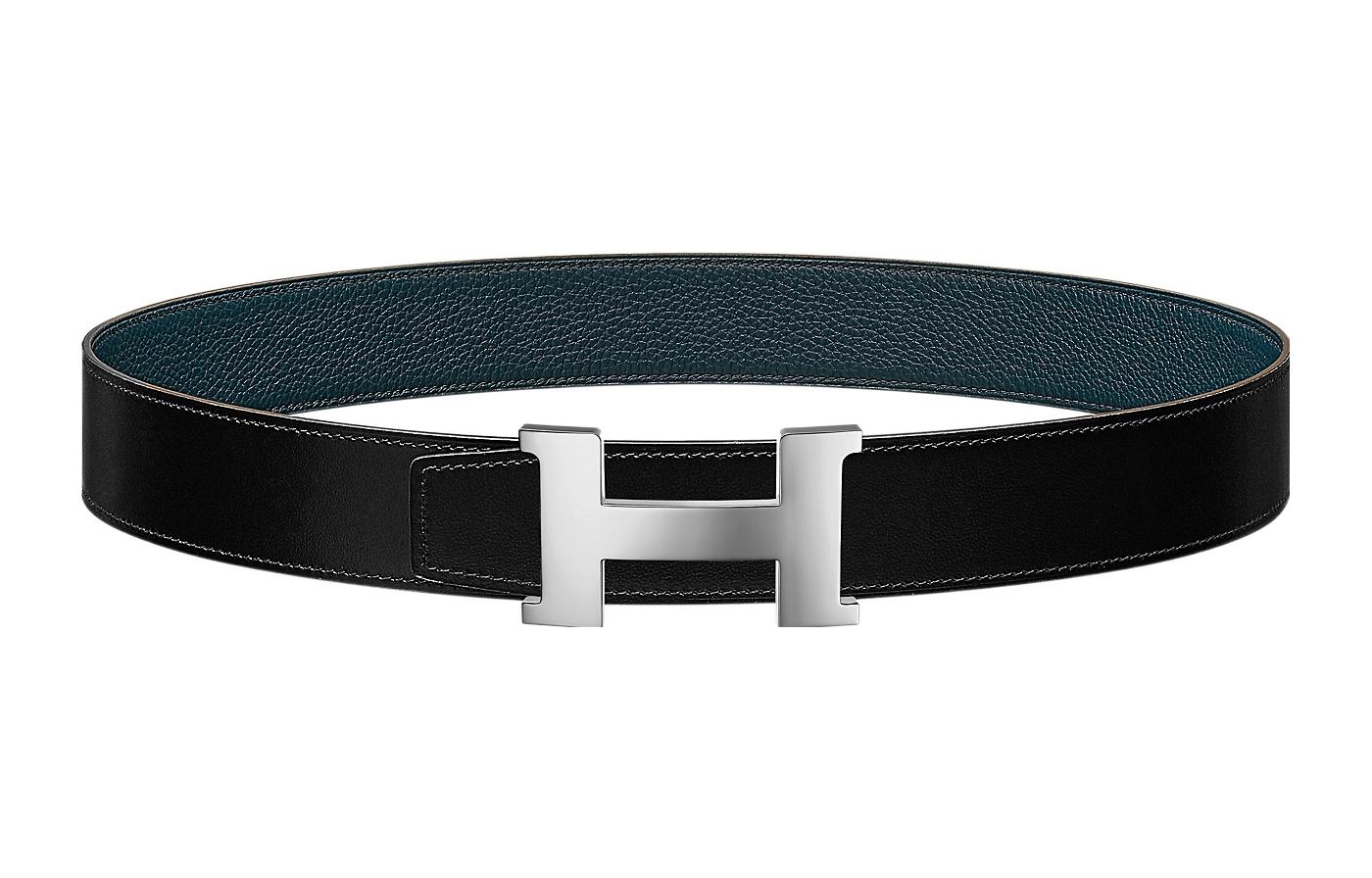 HERMES  Black/Prussian Blue Leather Belt 3.8cm with Smooth Buckle. H074562CK05-H077971CAAE115