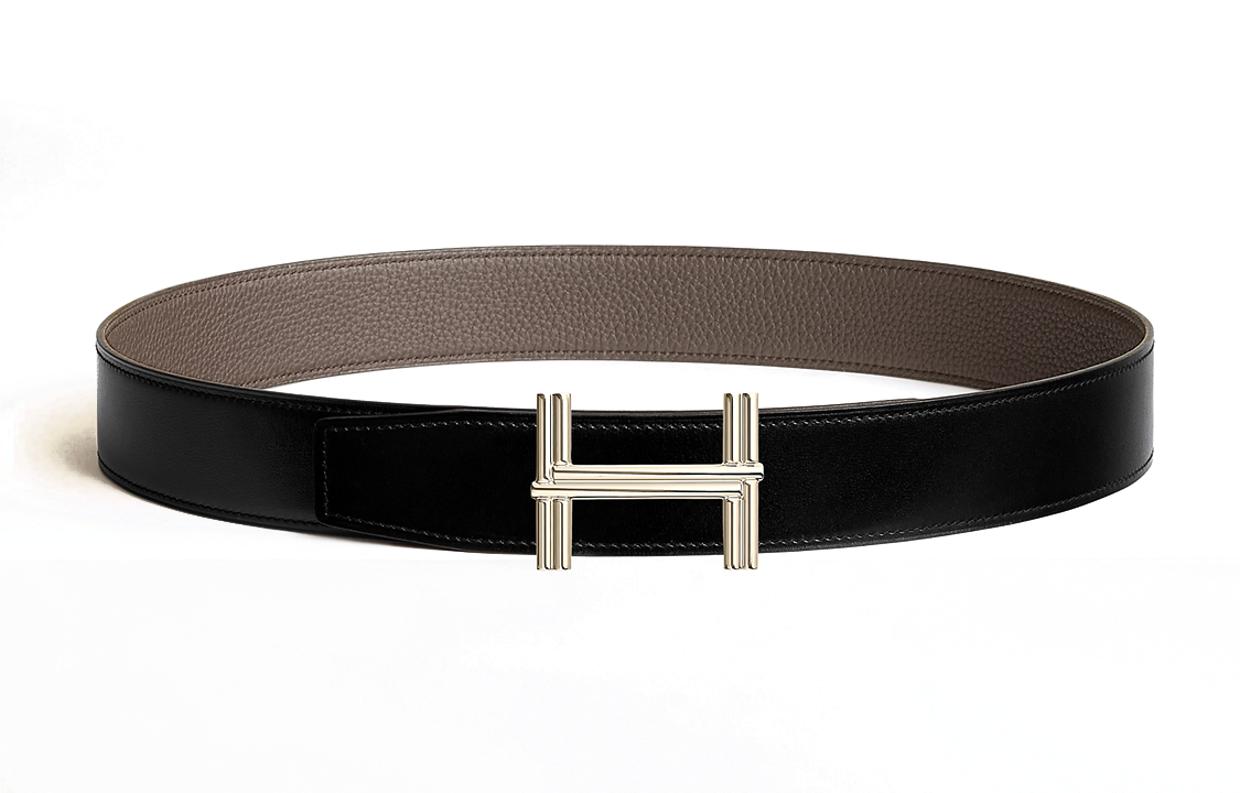 HERMES  Black/Tin Grey Leather Belt with Logo, Smooth Gold Buckle, 3.8cm Wide H010639UQ2K-H077971CAAG080 圖 2