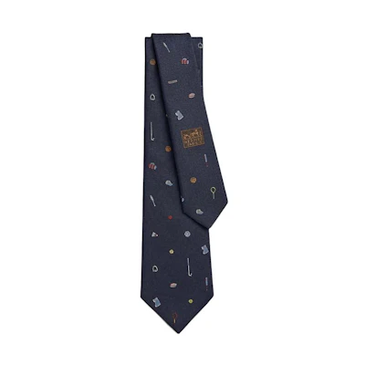 HERMES Blue Embroidered Silk Tie with Print Design. H339364T01