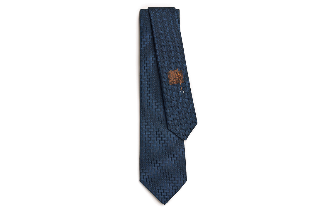 HERMES  Blue Silk Tie with Logo Embroidery. H339374T 02