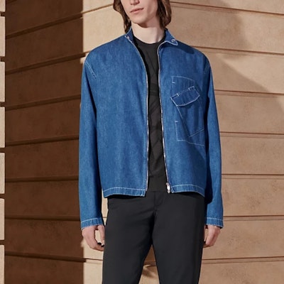 HERMES Blue Solid Color Denim Jacket with Zipper and Pocket Design. H456120HE50 Shop HERMES Blue Solid Color Denim Jacket with Zipper and Pocket Design. H456120HE50