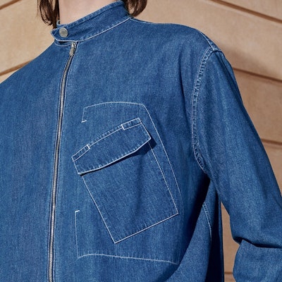 HERMES Blue Solid Color Denim Jacket with Zipper and Pocket Design. H456120HE50 Purchase HERMES Blue Solid Color Denim Jacket with Zipper and Pocket Design. H456120HE50