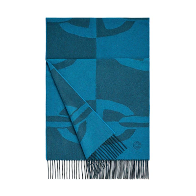 HERMES Blue Wool Scarf with Decorative Pattern Design H394070Tv07