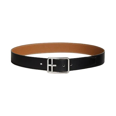 HERMES Calfskin Leather Belt Black/Brown Palladium Buckle 3.8CM Wide H081101CKAC085