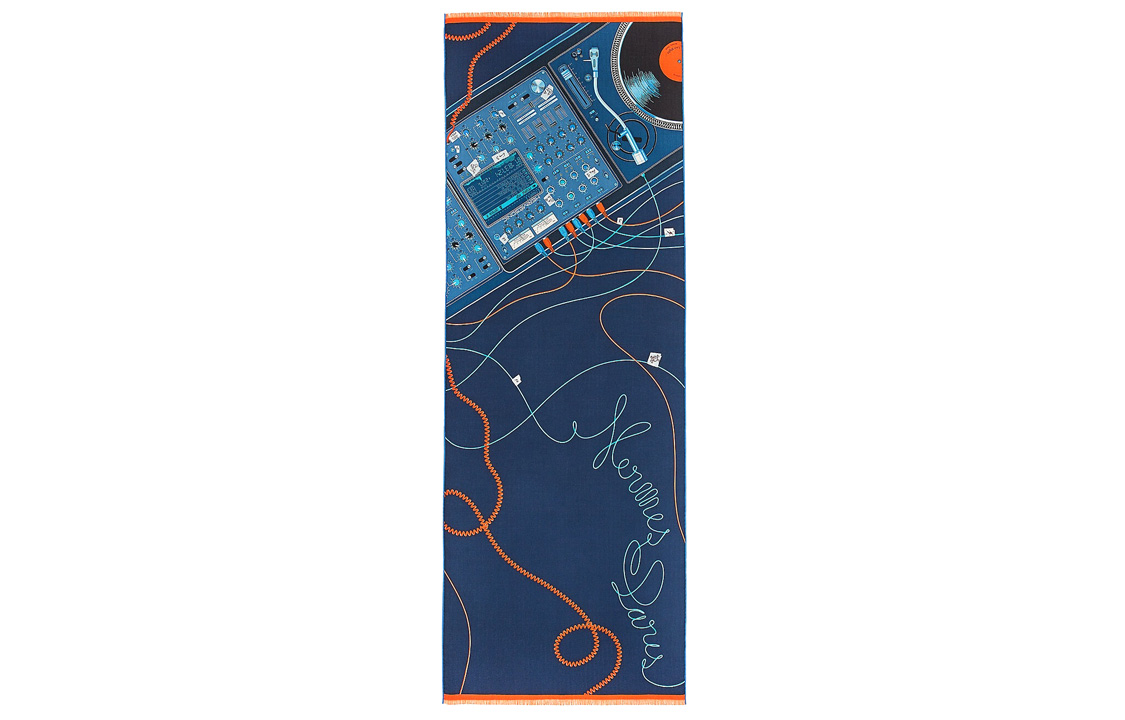 HERMES "Carnival Night" Rectangular Scarf 63x180cm Navy/Orange/Blue H693285T-04