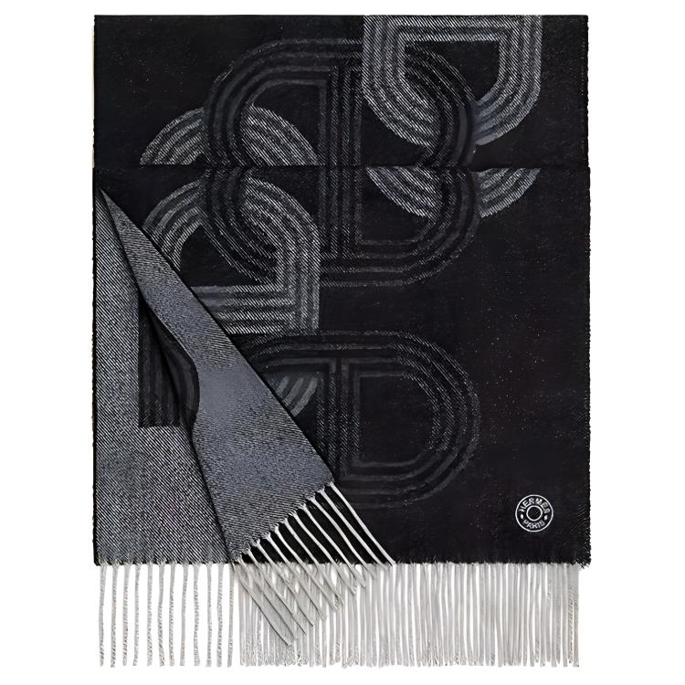 HERMES  Cashmere Scarf Faubourg Racetrack Black/Grey H392684T-02