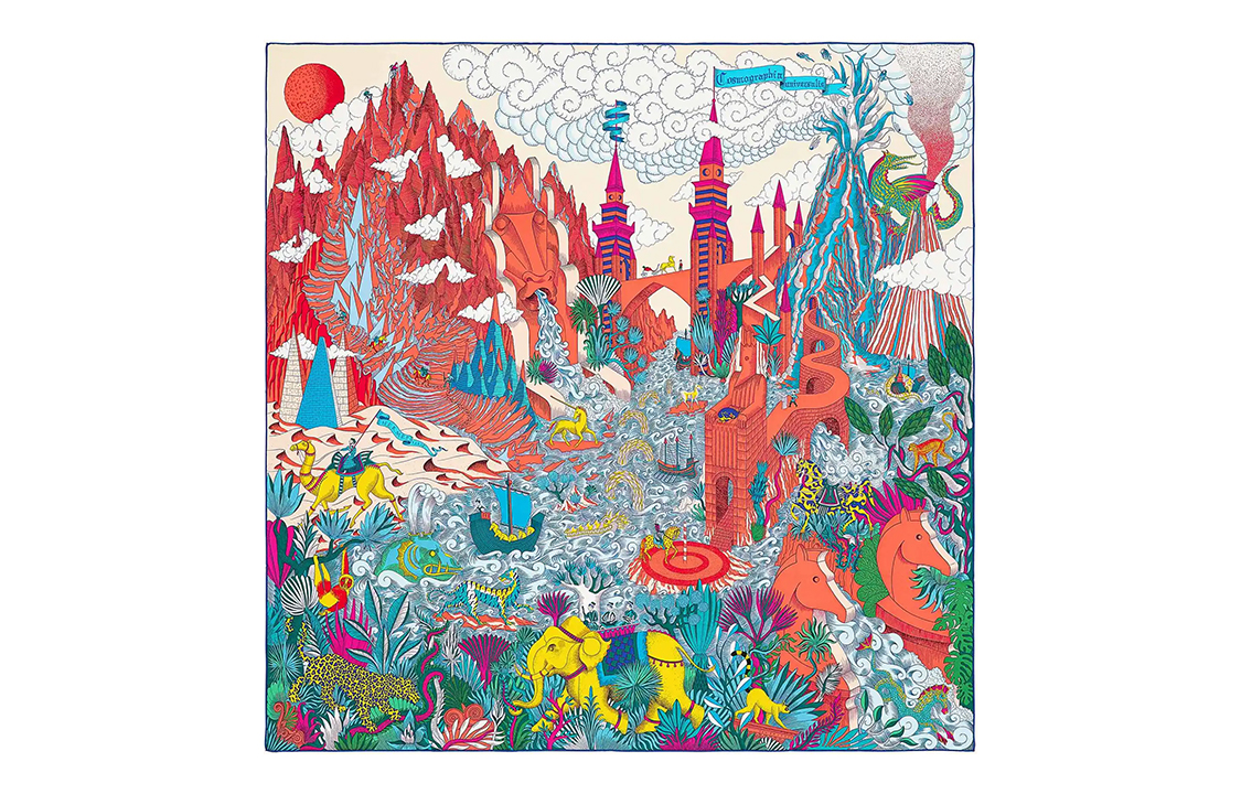 HERMES "Cosmic Atlas" 90cm Silk Scarf in Orange Red. H003365S-10