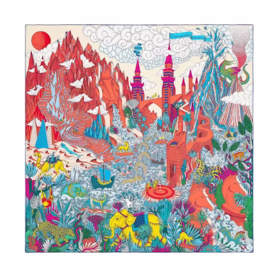 HERMES "Cosmic Atlas" 90cm Silk Scarf in Orange Red. H003365S-10