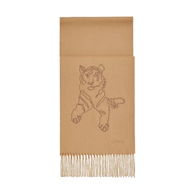 HERMES "Embroidered Tiger King" Scarf in Dark Beige. H391632T-03