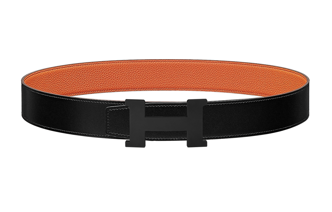 HERMES  Fashion Black/Orange Leather Belt with Smooth Buckle 3.8cm Wide. H081106CH89-H077971CAAH105