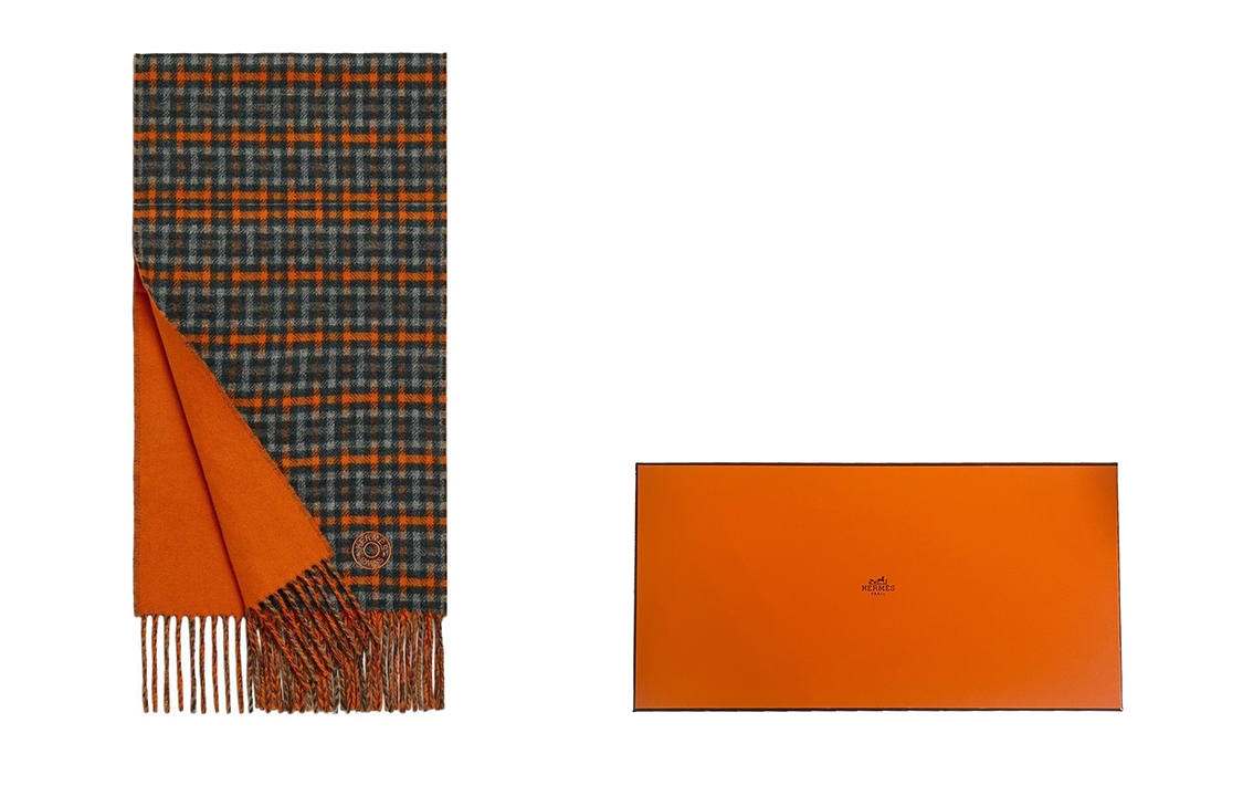 HERMES  Fashion Minimalist Check Cashmere Scarf Orange. H393832T 05 圖 2