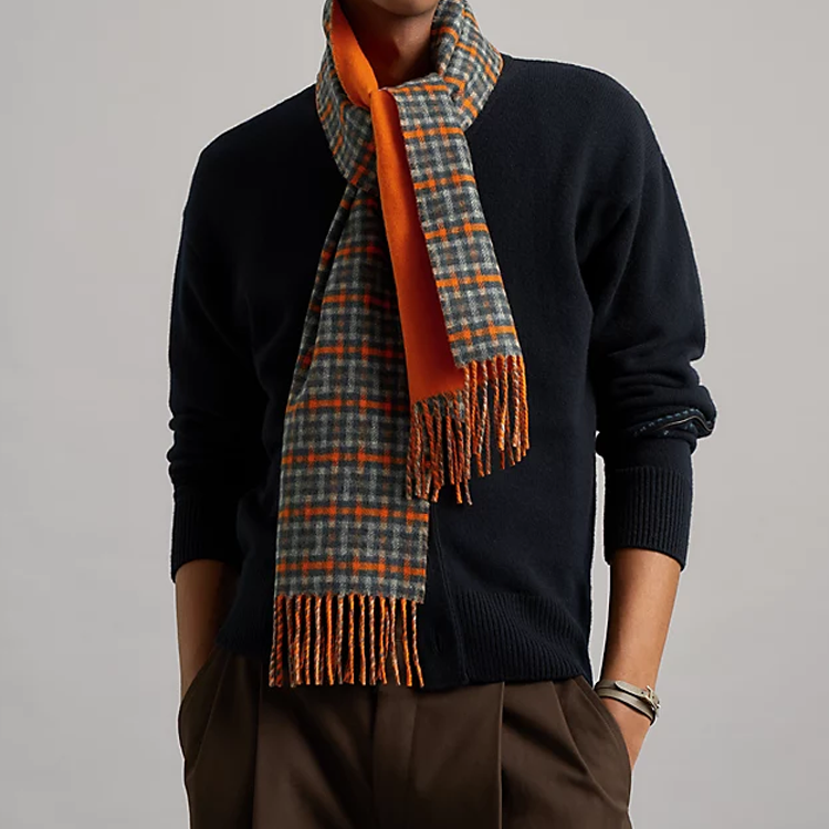 HERMES  Fashion Minimalist Check Cashmere Scarf Orange. H393832T 05 圖 4
