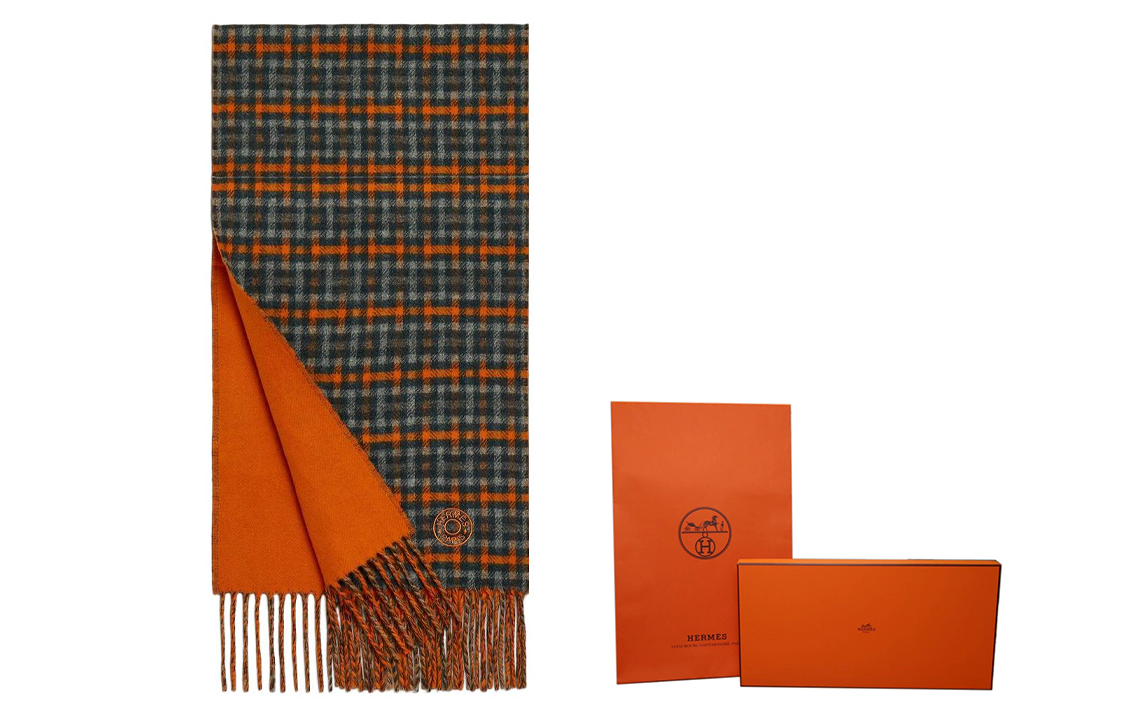 HERMES  Fashion Minimalist Check Cashmere Scarf Orange. H393832T 05 圖 5