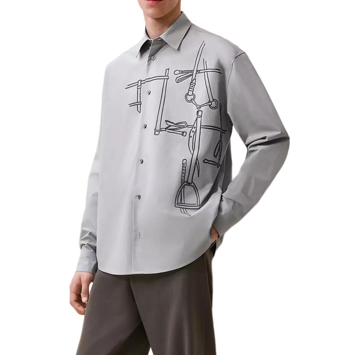 HERMES  Flint Gray Printed Long Sleeve Shirt with Turn-Down Collar. H466520HH79