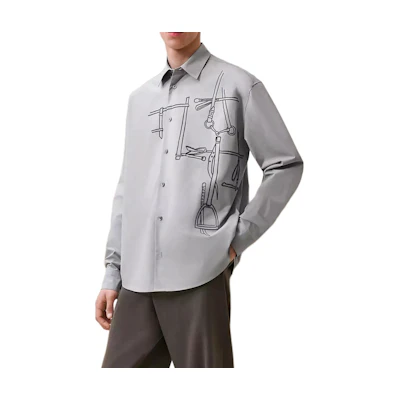 HERMES Flint Gray Printed Long Sleeve Shirt with Turn-Down Collar. H466520HH79