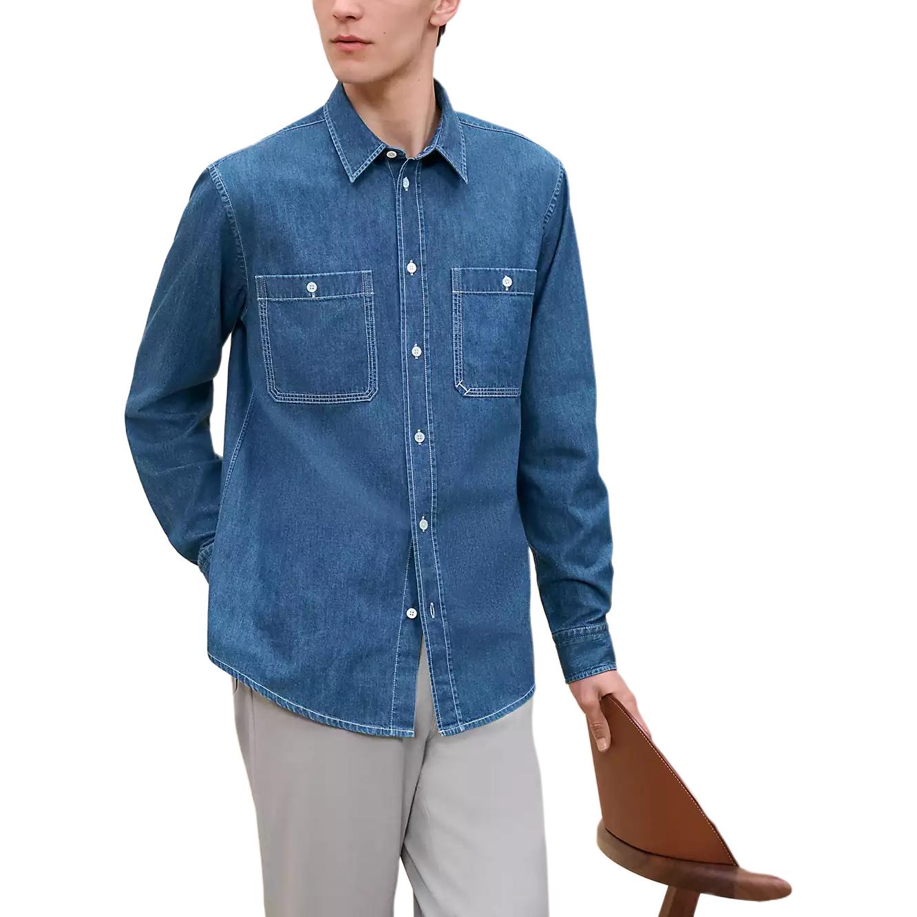 HERMES  FW24 Slim Fit Long Sleeve Shirt in Washed Indigo Blue. H466260H950