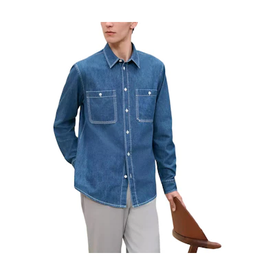 HERMES FW24 Slim Fit Long Sleeve Shirt in Washed Indigo Blue. H466260H950