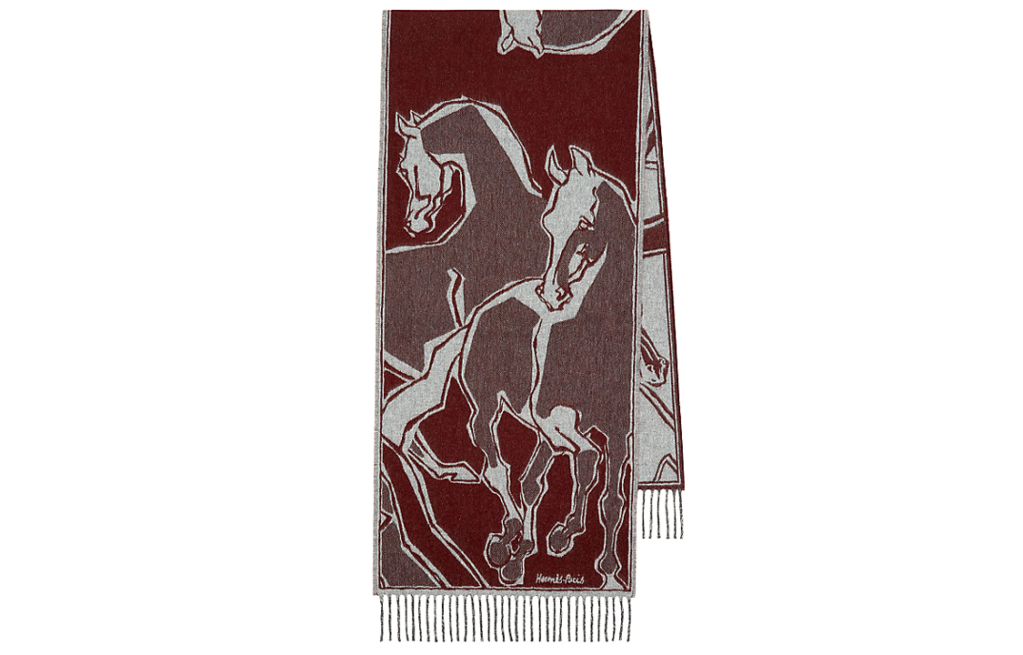HERMES "Galloping Horse" Red Grey Tassel Scarf H393576T-03