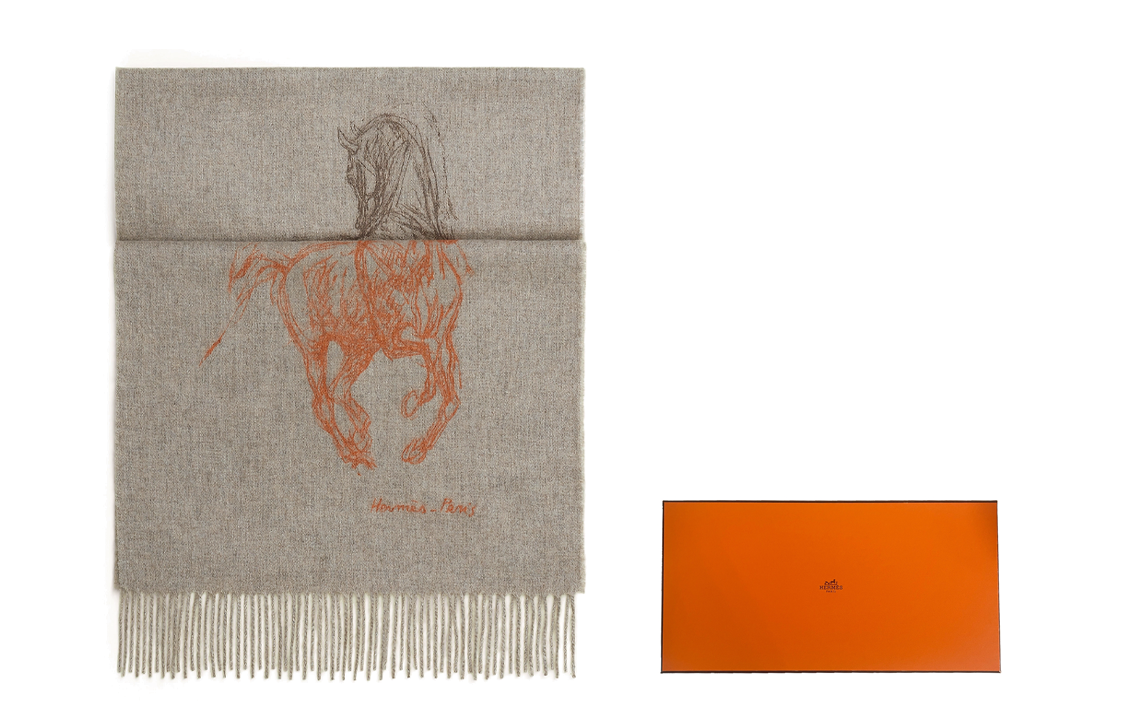 HERMES "Galloping Spin" Tassel Wool Scarf Unisex Couple Style - Grey. H392850T 03 圖 2