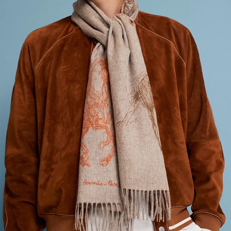 HERMES "Galloping Spin" Tassel Wool Scarf Unisex Couple Style - Grey. H392850T 03 圖 4