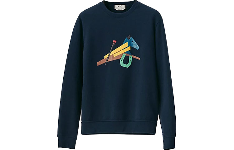 HERMES  Geometric Pattern Crewneck Long Sleeve Sweatshirt Navy Blue H257720HAMU