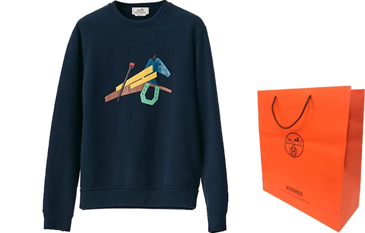 Lookbook エルメス 幾何学模様 クルーネック 長袖 スウェットシャツ ネイビーブルー H257720HAMU