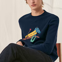 Shop HERMES Geometric Pattern Crewneck Long Sleeve Sweatshirt Navy Blue H257720HAMU