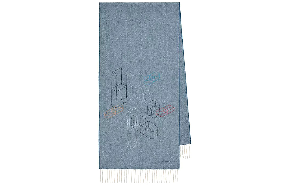 HERMES  Geometric Print Fringe Wool Scarf Blue H393801T 03