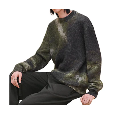 HERMES Gray-Green Printed Cashmere Sweater with Ribbed Edges. H467360HA11