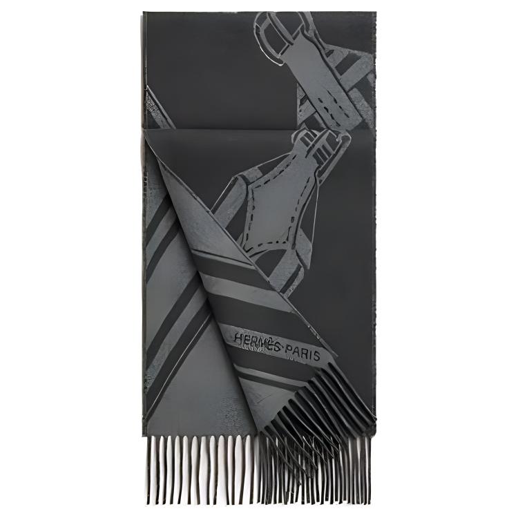 HERMES  Gray Cashmere Scarf with Printed Patterns. H394808T06