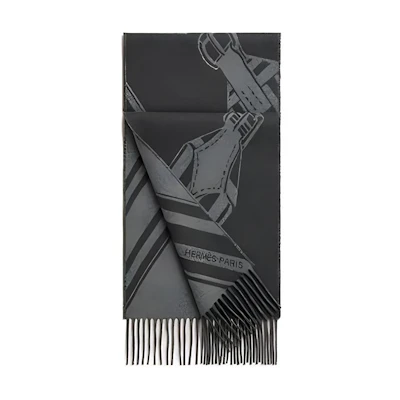 HERMES Gray Cashmere Scarf with Printed Patterns. H394808T06