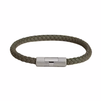HERMES Green Calfskin Palladium-Plated Woven Design Bracelet H077324FP6H