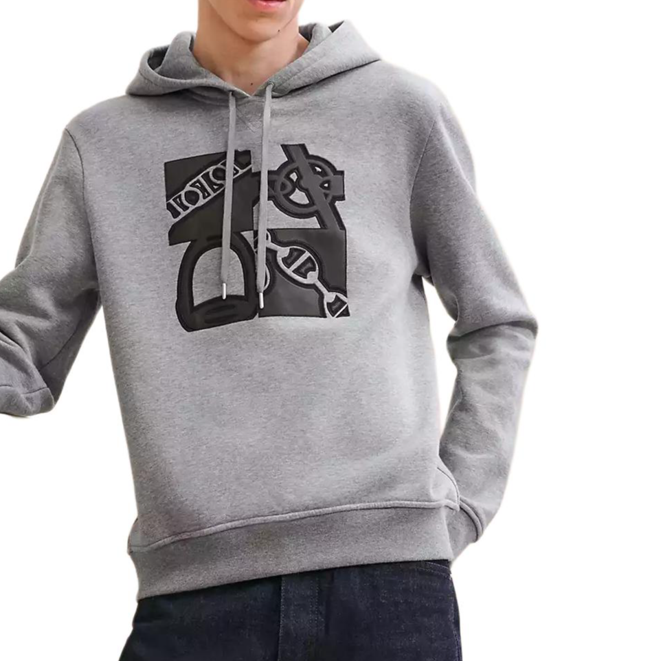 Order HERMES Hoodie Abu-Abu dengan Rib Cuffs dan Desain Cetak. H467820HA76