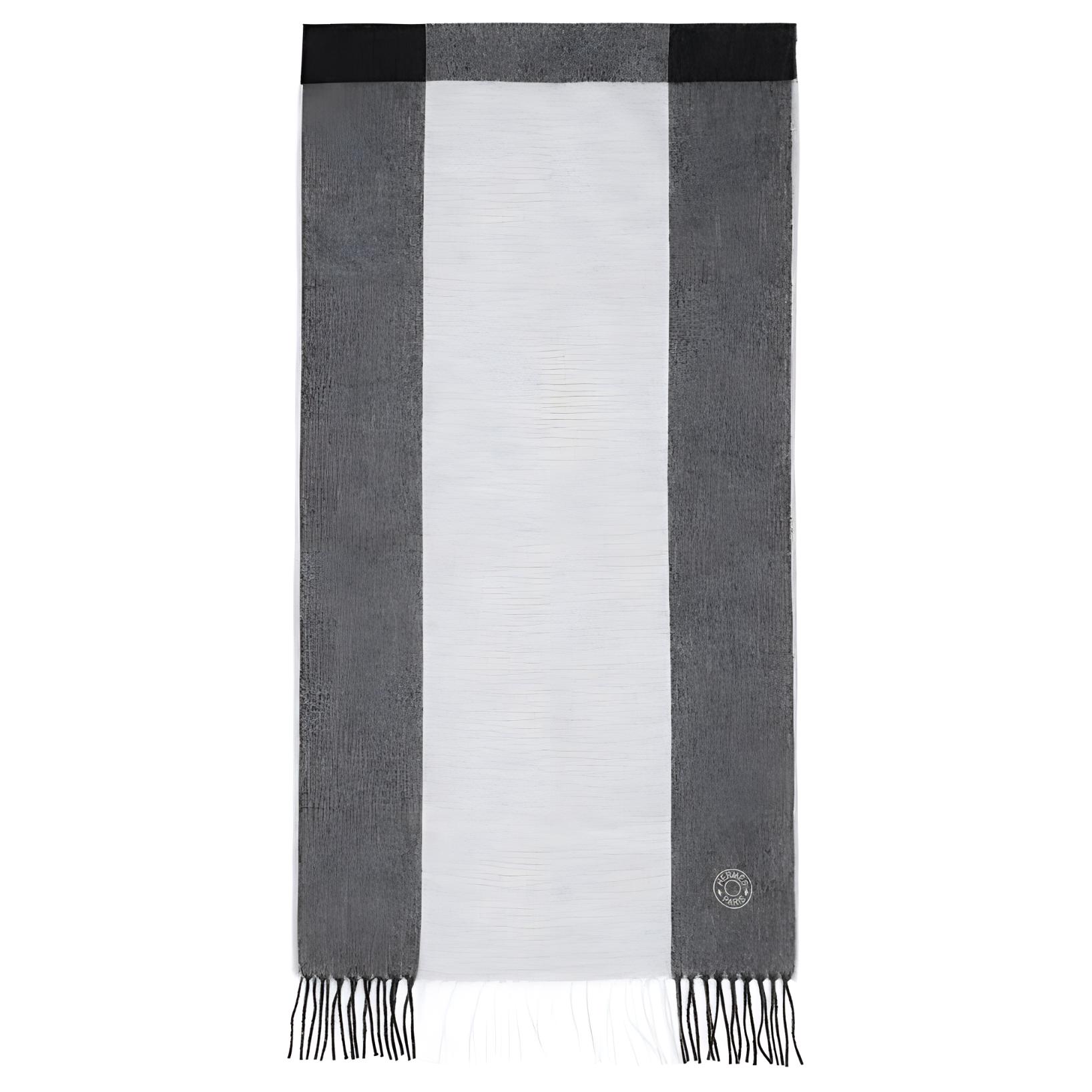 HERMES  Grey Striped Logo Tassel Wool Scarf H393834T-06