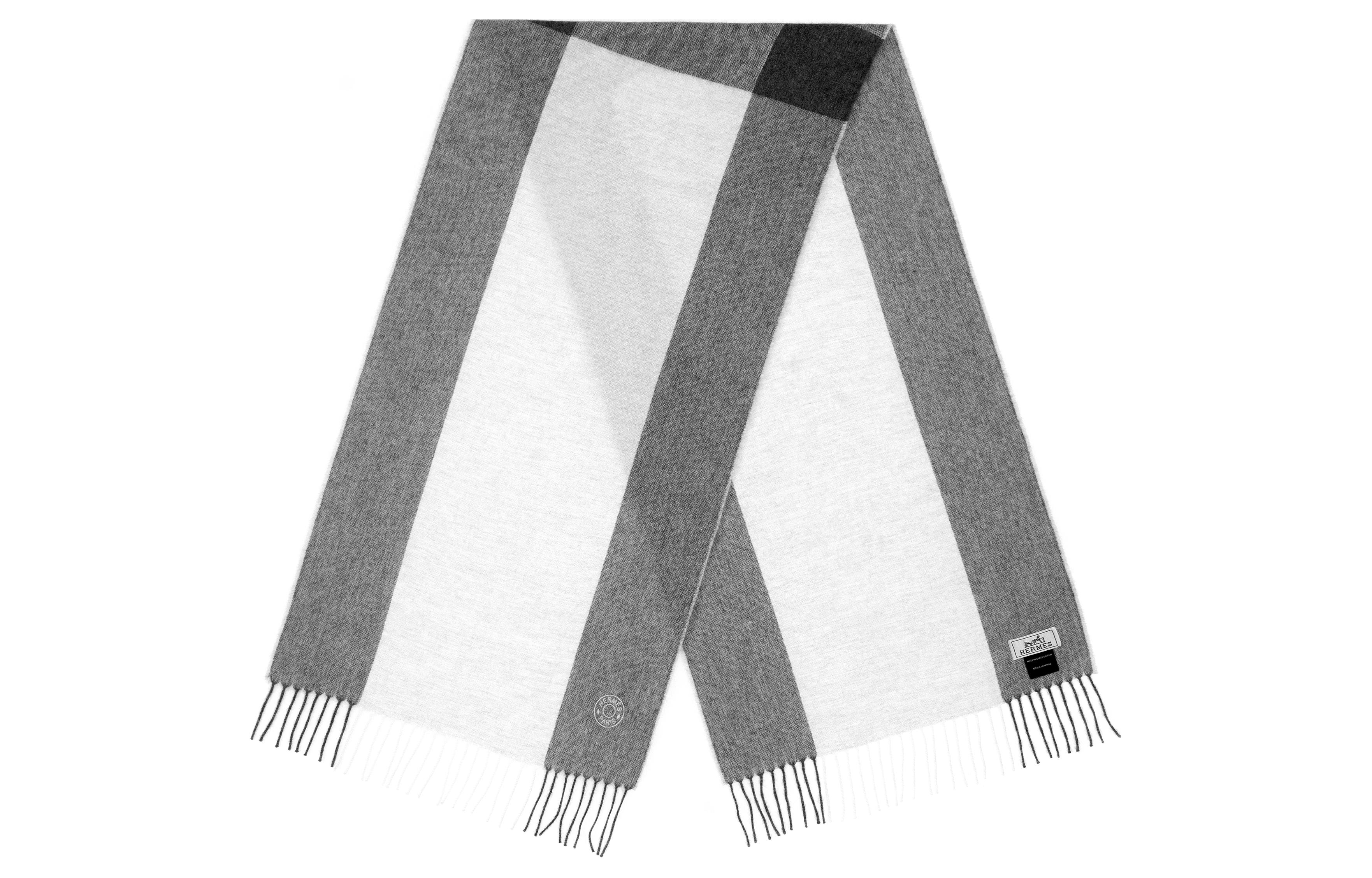 HERMES  Grey Striped Logo Tassel Wool Scarf H393834T-06 圖 4