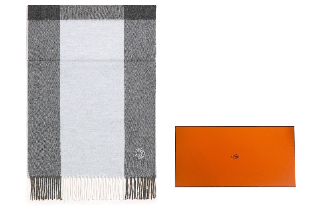 HERMES  Grey Striped Logo Tassel Wool Scarf H393834T-06 圖 6
