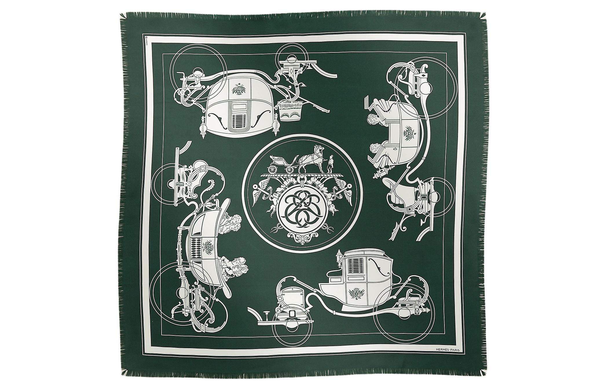 HERMES  Iconic Ex-Libris Design Green Silk Scarf. H271063T 74