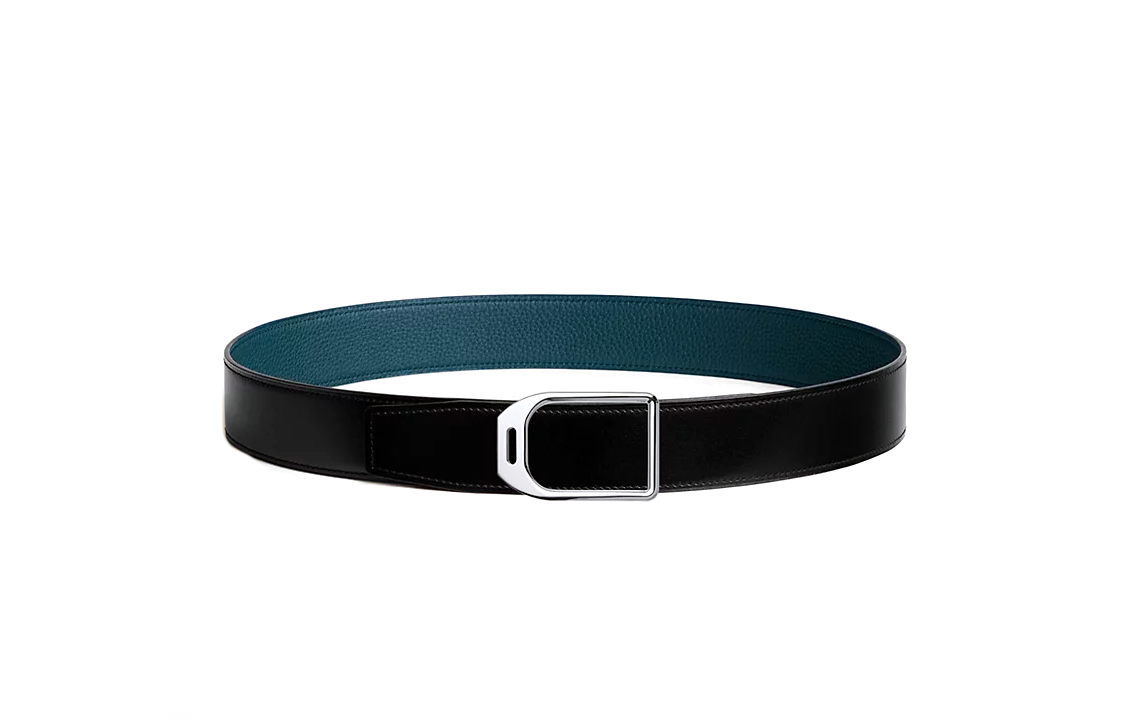 HERMES  Jockey Stirrup Smooth Buckle Leather Belt Black/Blue 3.8CM Wide H010638UK05-H077971CAAE105