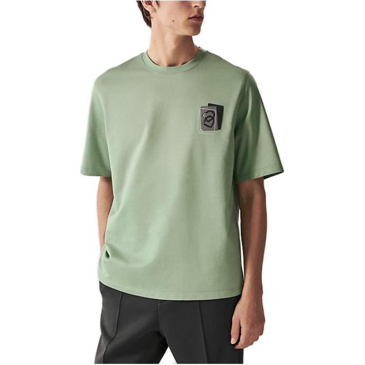 Shop HERMES 淺藍刺繡logo短袖T恤 圓領設計 H367940HA4M