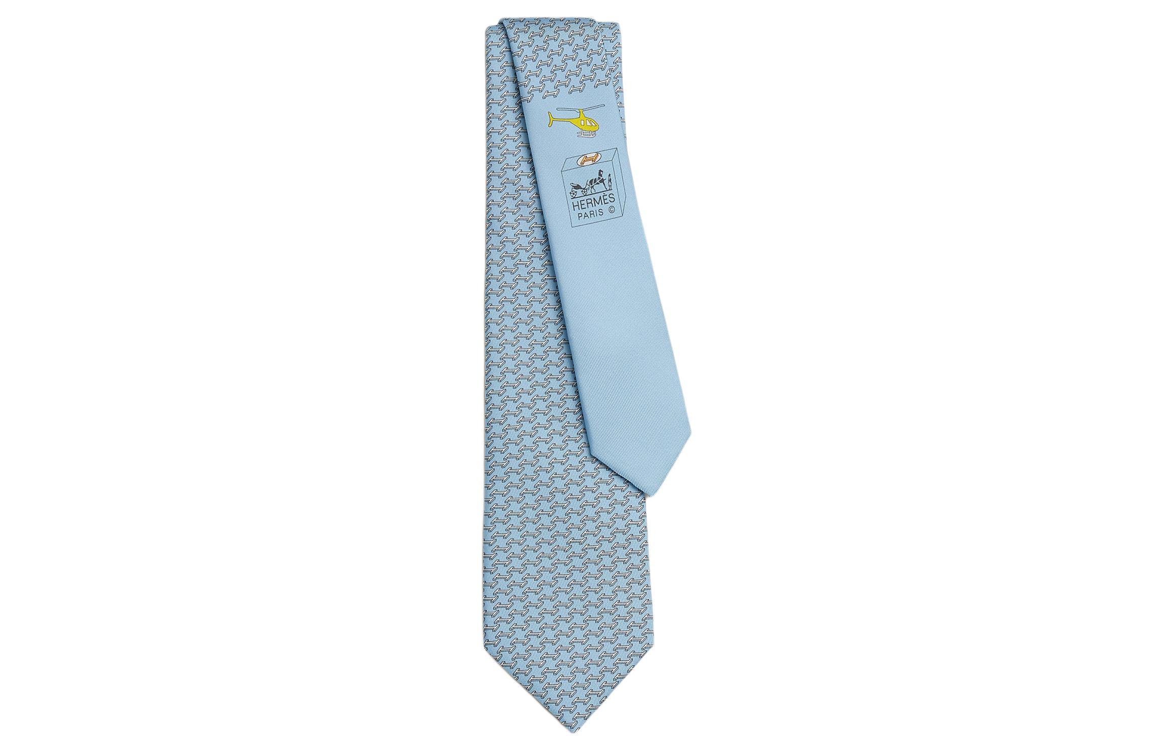 HERMES  Light Blue Tie with Allover Letter Print Design H006317Tv09
