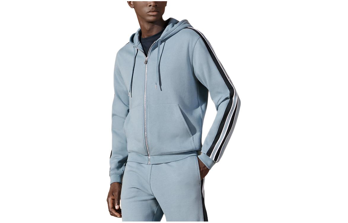 HERMES  Light Gray-Blue Hoodie with Striped Trim and Zip-Up Design H457750HA5G