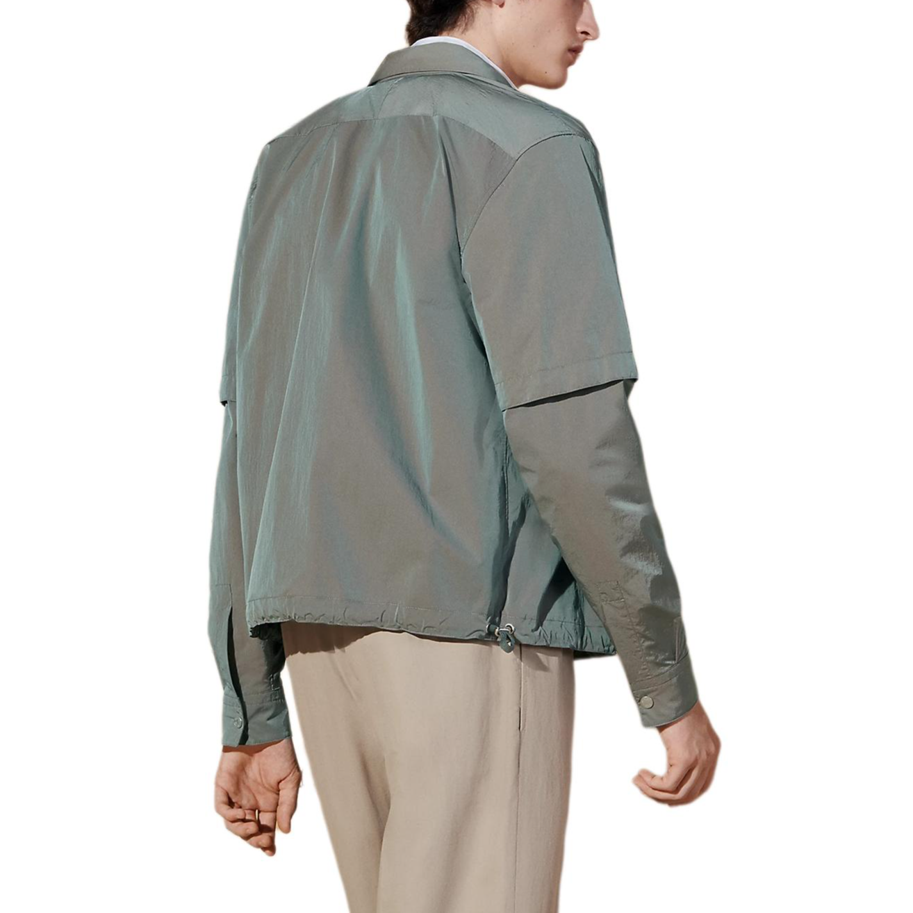 Shop HERMES  Light Gray Solid Zip-Up Long Sleeve Shirt-Collar Jacket H452620HI5M